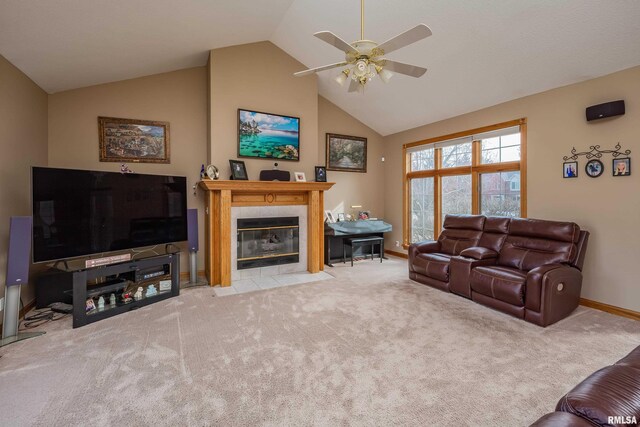 4934 Foxborough Ct, Bettendorf, IA 52722 - living room with ceiling fan, lofted ceiling, a fireplace, and light carpet