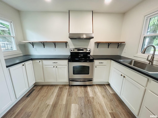 406S 3rd St, Bellevue, IA 52031 - kitchen featuring open shelves, electric stove, extractor fan, light wood-type flooring, and white cabinets