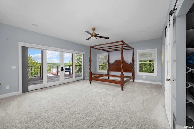 223 N 2nd St, Le Claire, IA 52753 - bedroom with access to exterior, a barn door, carpet floors, and multiple windows