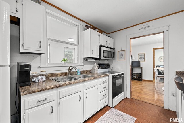 406 234th St, Aledo, IL 61231 - kitchen featuring electric range, stainless steel microwave, ornamental molding, dark wood-style flooring, and white cabinets