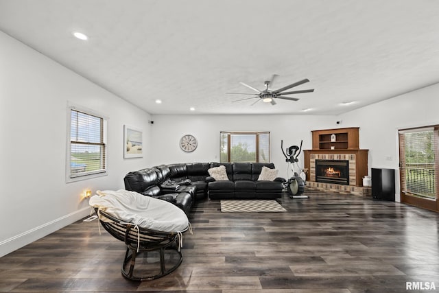 406 234th St, Aledo, IL 61231 - living area with recessed lighting, ceiling fan, a brick fireplace, and dark wood-type flooring