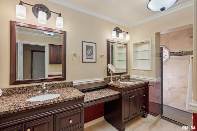17 Wildwood Trl, Bettendorf, IA 52722 - full bathroom featuring vanity, crown molding, a tile shower, and tile patterned floors