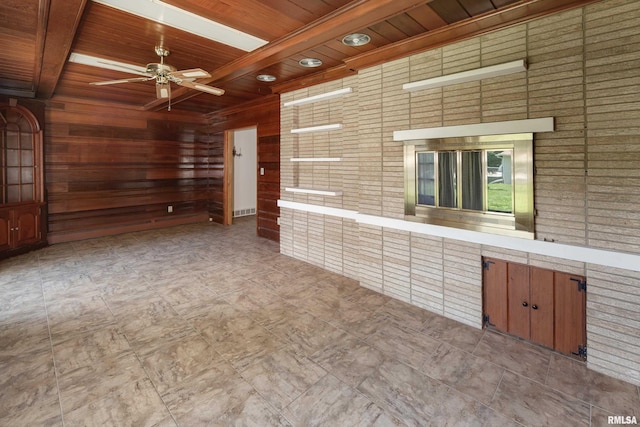 1635 Eastmere Dr, Davenport, IA 52803 - unfurnished living room with a wooden ceiling with exposed beams, wooden walls, and a ceiling fan