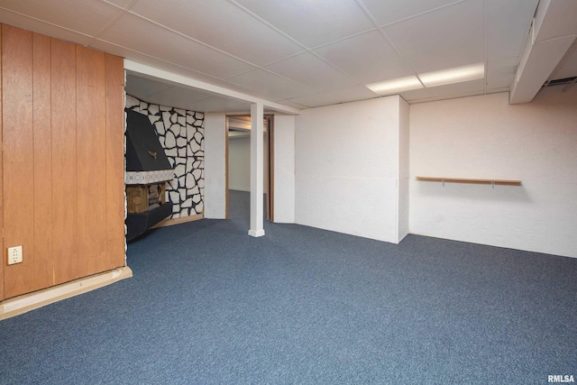 1635 Eastmere Dr, Davenport, IA 52803 - finished basement with a drop ceiling, carpet floors, and a fireplace