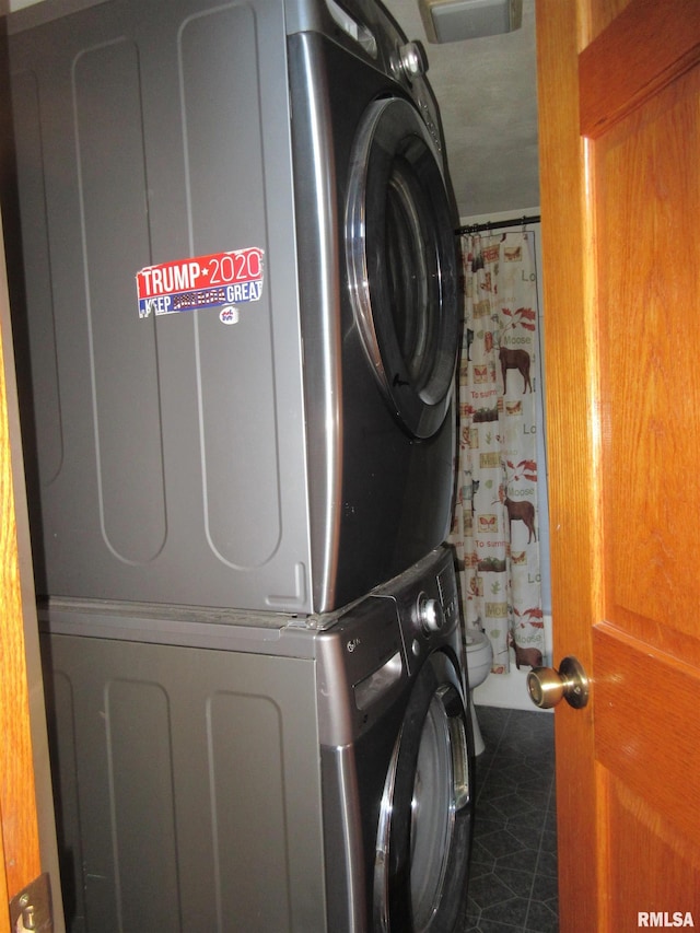 32 Crescent Lk, Alpha, IL 61413 - washroom with estacked washer and dryer and dark tile patterned flooring