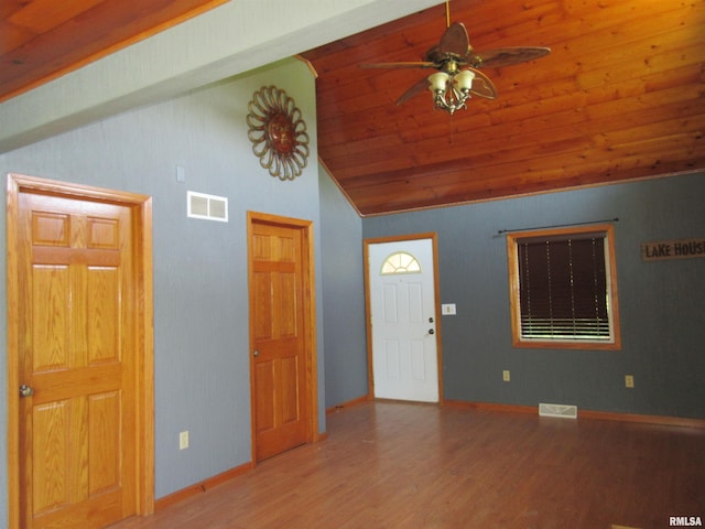 32 Crescent Lk, Alpha, IL 61413 - foyer with wood finished floors, a ceiling fan, wooden ceiling, and high vaulted ceiling