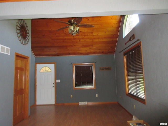 32 Crescent Lk, Alpha, IL 61413 - entryway with vaulted ceiling, wood finished floors, ceiling fan, plenty of natural light, and wood ceiling