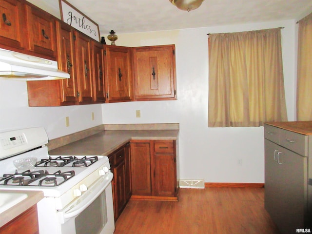32 Crescent Lk, Alpha, IL 61413 - kitchen featuring white range with gas stovetop, under cabinet range hood, and wood finished floors