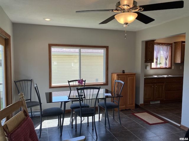 420 E Garfield St, Kewanee, IL 61443 - dining area featuring dark tile patterned floors, ceiling fan, and recessed lighting