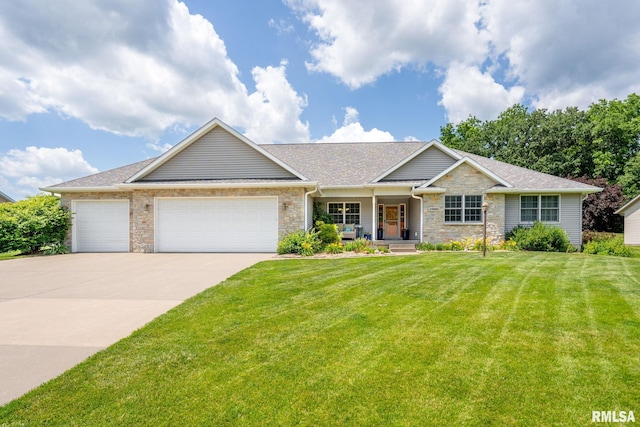 10984 150th St, Davenport, IA 52804 - ranch-style house featuring concrete driveway, an attached garage, a front yard, covered porch, and stone siding