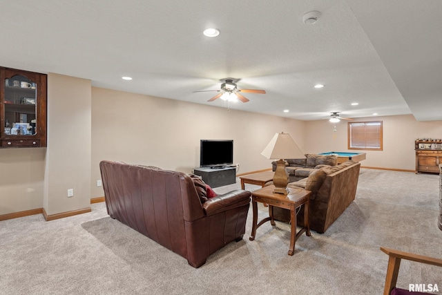 10984 150th St, Davenport, IA 52804 - living room with a ceiling fan, light carpet, billiards, and recessed lighting