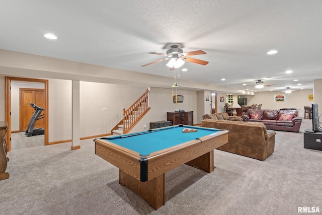 10984 150th St, Davenport, IA 52804 - recreation room featuring light colored carpet, ceiling fan, recessed lighting, billiards table, and a textured ceiling