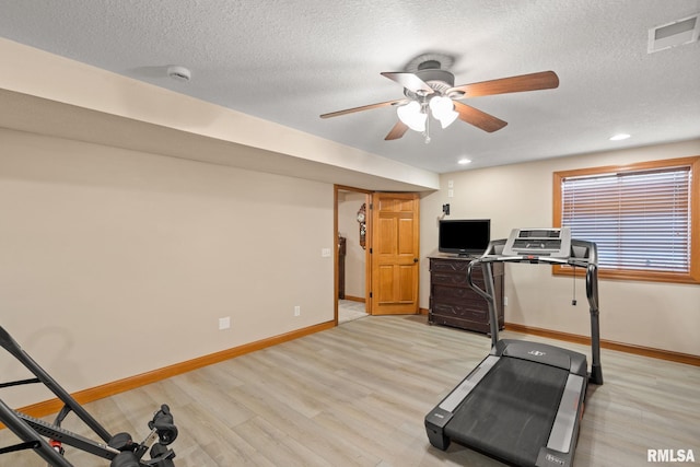 10984 150th St, Davenport, IA 52804 - exercise room with light wood-style flooring, a textured ceiling, a ceiling fan, and recessed lighting
