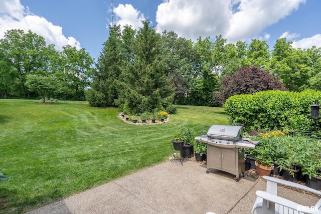 10984 150th St, Davenport, IA 52804 - view of grassy yard with a patio and view of wooded area