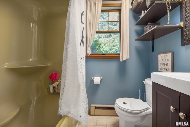 1406 Golf Course Rd, Marion, IL 62959 - full bathroom with a baseboard radiator, vanity, tile patterned flooring, and a shower with curtain