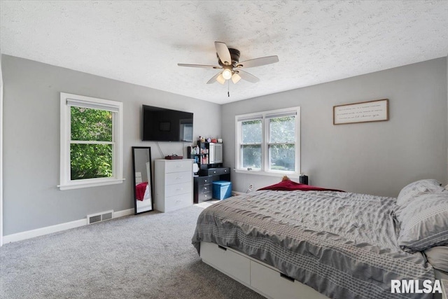 2506 N Howell St, Davenport, IA 52804 - bedroom with multiple windows, carpet, a textured ceiling, and a ceiling fan