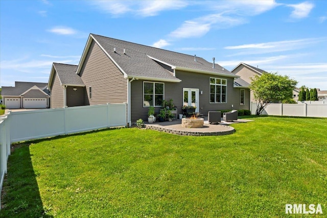 6691 Spring Creek Dr, Bettendorf, IA 52722 - back of house with a patio area, an outdoor fire pit, a fenced backyard, and roof with shingles