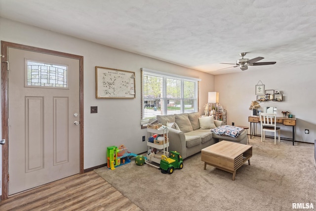 209 Hilltop St, Colona, IL 61241 - living area with a ceiling fan, wood finished floors, and a textured ceiling
