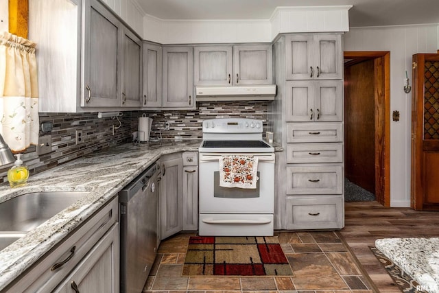 2305 Weaver Rd, Herrin, IL 62948 - kitchen featuring white electric range, under cabinet range hood, gray cabinetry, stainless steel dishwasher, and decorative backsplash
