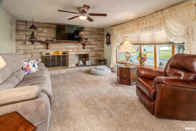 2305 Weaver Rd, Herrin, IL 62948 - carpeted living room featuring a ceiling fan, a textured ceiling, and a fireplace