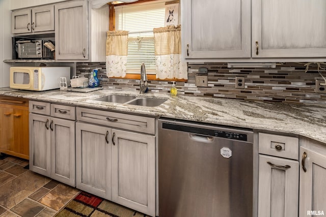 2305 Weaver Rd, Herrin, IL 62948 - kitchen with dishwasher, white microwave, decorative backsplash, and light stone counters