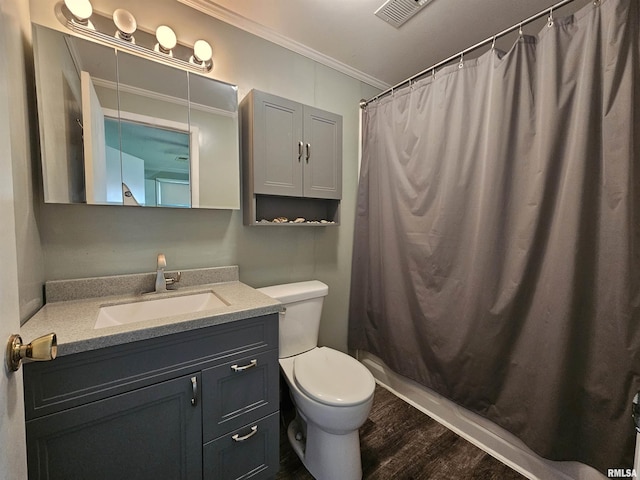 2409 9th St, Silvis, IL 61282 - bathroom featuring ornamental molding, wood finished floors, vanity, and a shower with shower curtain