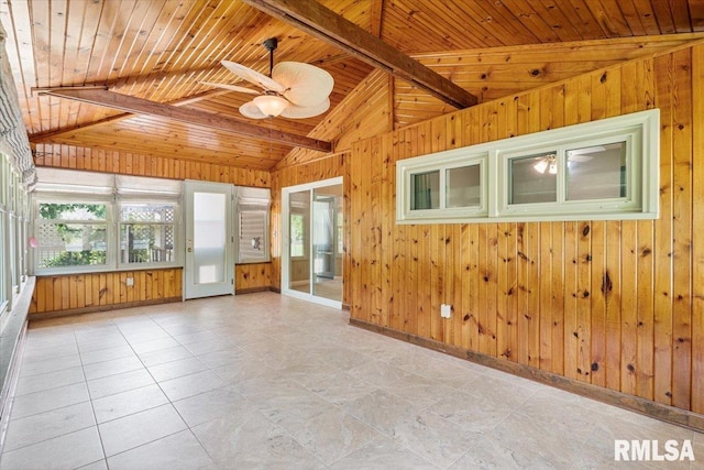 5315 34th Ave, Moline, IL 61265 - unfurnished room featuring wood walls, wooden ceiling, and a ceiling fan