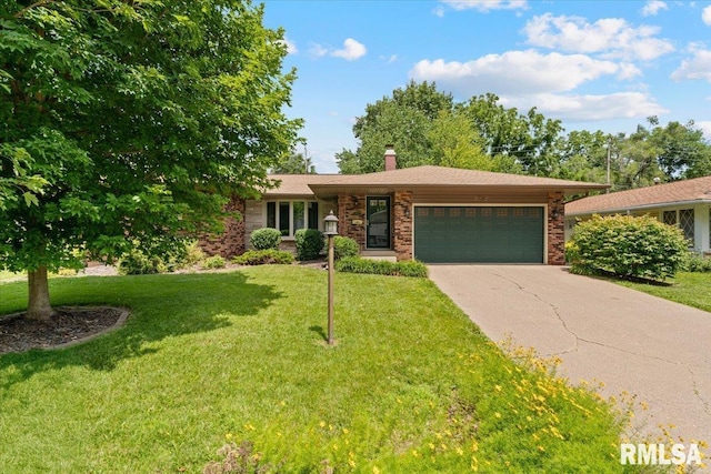 5315 34th Ave, Moline, IL 61265 - ranch-style house with an attached garage, driveway, a front yard, brick siding, and a chimney