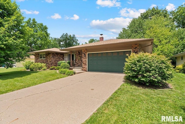 5315 34th Ave, Moline, IL 61265 - ranch-style home with an attached garage, concrete driveway, brick siding, a front lawn, and a chimney