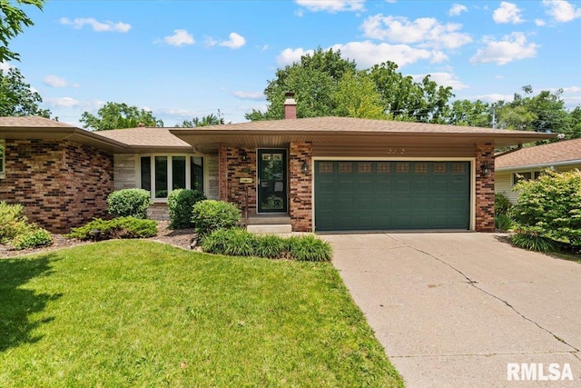5315 34th Ave, Moline, IL 61265 - ranch-style home with brick siding, a garage, a front lawn, driveway, and a chimney