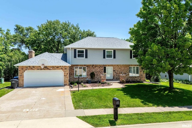 4345 Amesbury Dr, Bettendorf, IA 52722 - view of front of house featuring an attached garage, a front yard, concrete driveway, brick siding, and a chimney