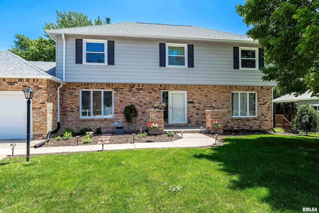 4345 Amesbury Dr, Bettendorf, IA 52722 - view of front of property featuring an attached garage, a front lawn, brick siding, and roof with shingles