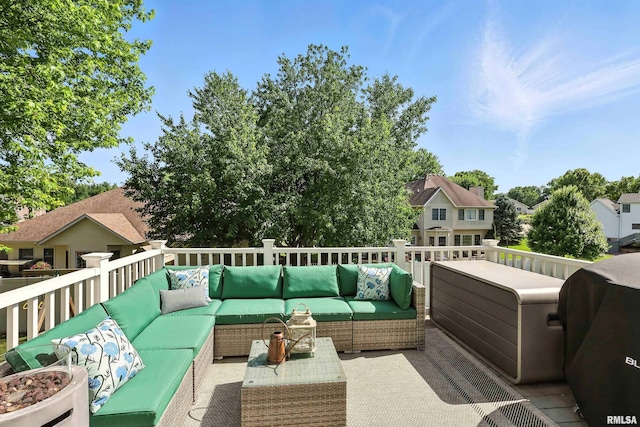1200 Bridgeview Place, Le Claire, IA 52753 - wooden terrace featuring an outdoor living space, area for grilling, and a residential view