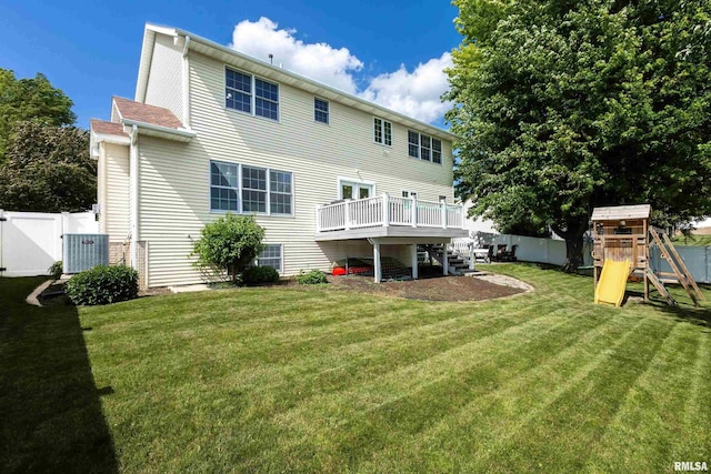 1200 Bridgeview Place, Le Claire, IA 52753 - back of house featuring a deck, a playground, a gate, and stairway