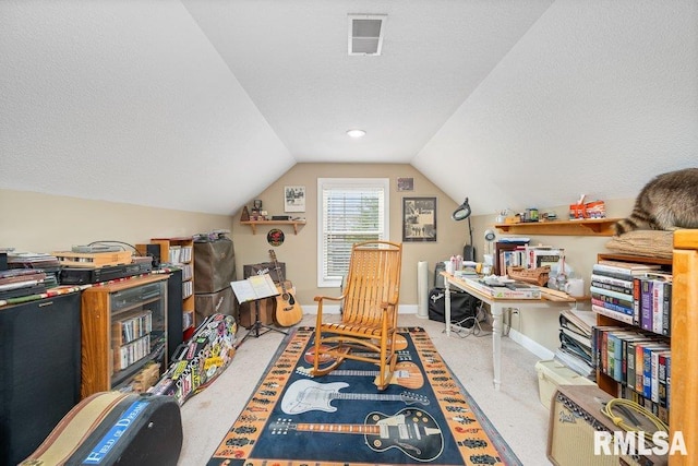 1100 Wild W Dr, Le Claire, IA 52753 - game room featuring lofted ceiling, a textured ceiling, and carpet flooring