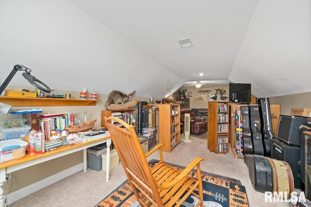 1100 Wild W Dr, Le Claire, IA 52753 - office featuring carpet floors, vaulted ceiling, a textured ceiling, and a ceiling fan