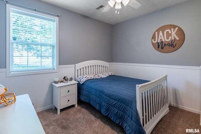 4182 Baptist Camp Rd, Carterville, IL 62918 - bedroom featuring a wainscoted wall, multiple windows, carpet, and ceiling fan