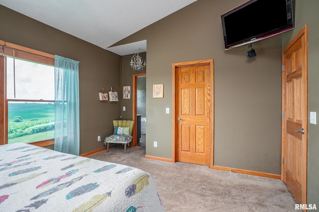 27062 238th St, Le Claire, IA 52753 - bedroom with carpet, a chandelier, and vaulted ceiling