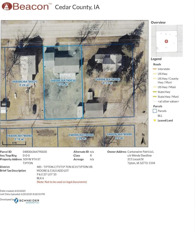 509 W 9th St, Tipton, IA 52772 - aerial view of property's location featuring property boundaries highlighted