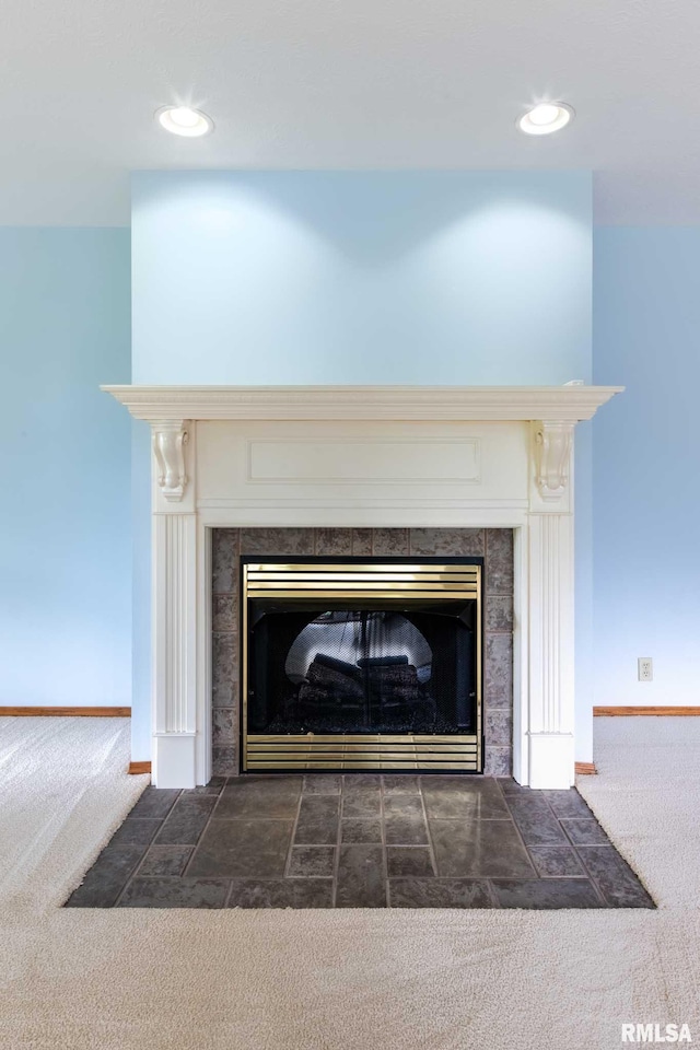 10415 Chayla Rd, Marion, IL 62959 - detailed view of carpet flooring, a fireplace, and recessed lighting