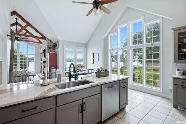 21945 Great River Rd, Le Claire, IA 52753 - kitchen with ceiling fan, gray cabinetry, stainless steel dishwasher, high vaulted ceiling, and plenty of natural light