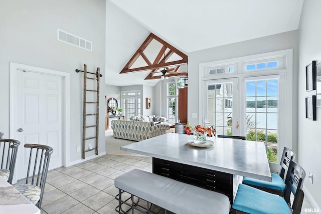 21945 Great River Rd, Le Claire, IA 52753 - kitchen featuring light tile patterned flooring, a water view, high vaulted ceiling, and a ceiling fan