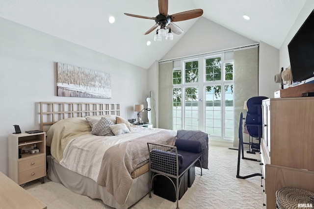 21945 Great River Rd, Le Claire, IA 52753 - bedroom featuring high vaulted ceiling, recessed lighting, light colored carpet, and a ceiling fan