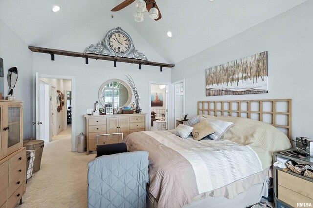 21945 Great River Rd, Le Claire, IA 52753 - bedroom featuring high vaulted ceiling, light carpet, recessed lighting, and ensuite bath