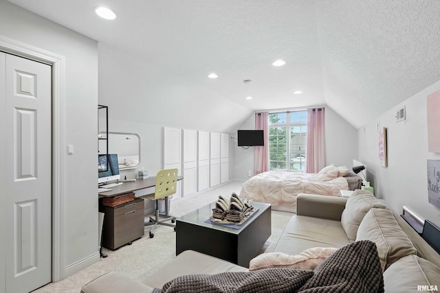 21945 Great River Rd, Le Claire, IA 52753 - bedroom with light carpet, vaulted ceiling, an office area, and recessed lighting