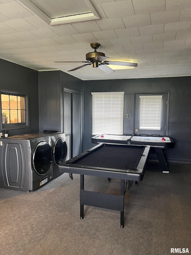 224 S Henderson St, Toulon, IL 61483 - rec room with washer and dryer, carpet flooring, a ceiling fan, and billiards table