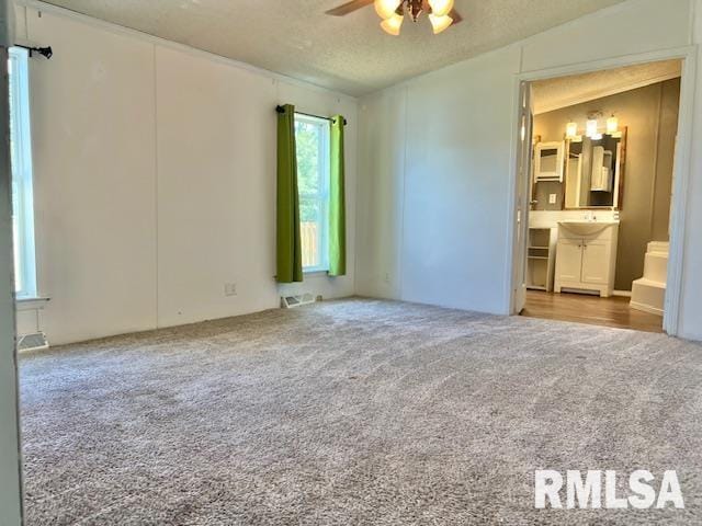 911 4th St, New Boston, IL 61272 - unfurnished bedroom featuring carpet, ensuite bathroom, a textured ceiling, and a ceiling fan