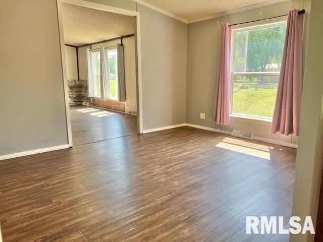 911 4th St, New Boston, IL 61272 - spare room featuring a textured ceiling, ornamental molding, dark wood finished floors, and healthy amount of natural light