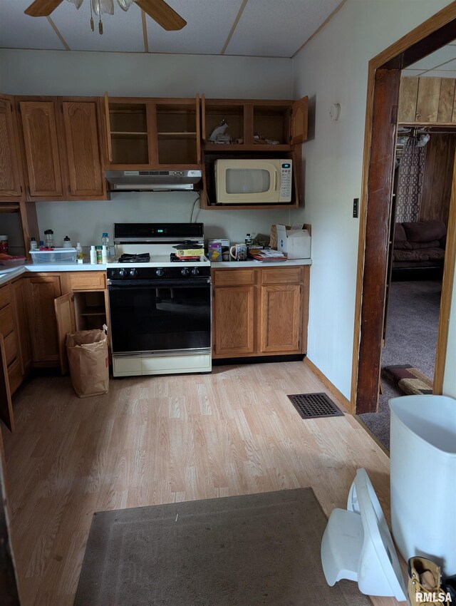 1507 N Lincoln Ave, Davenport, IA 52804 - kitchen with gas range, white microwave, under cabinet range hood, light wood-type flooring, and open shelves