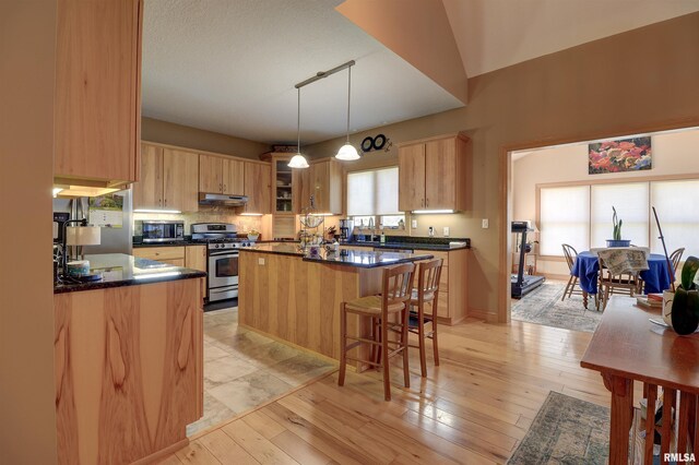 4581 180th St, Clinton, IA 52732 - kitchen with appliances with stainless steel finishes, under cabinet range hood, dark countertops, a kitchen island, and a breakfast bar